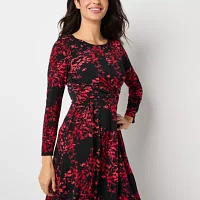 Studio 1 Womens Long Sleeve Floral Fit + Flare Dress