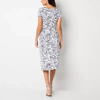 Perceptions Womens Short Sleeve Scroll Midi Fit + Flare Dress