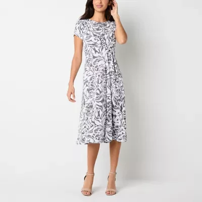 Perceptions Womens Short Sleeve Scroll Midi Fit + Flare Dress