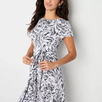 Perceptions Womens Short Sleeve Scroll Midi Fit + Flare Dress