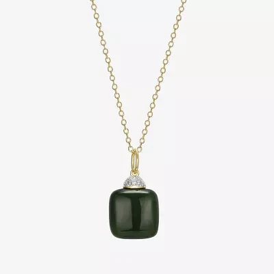 Womens Diamond Accent Genuine Green Jade 18K Gold Over Silver Cushion Pendant Necklace