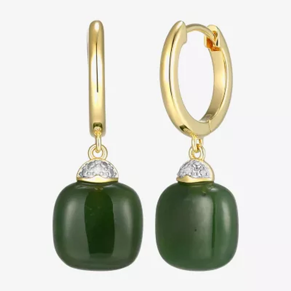 Diamond Accent Genuine Green Jade 18K Gold Over Silver Cushion Drop Earrings