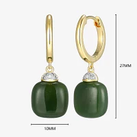 Diamond Accent Genuine Green Jade 18K Gold Over Silver Cushion Drop Earrings