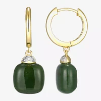 Diamond Accent Genuine Green Jade 18K Gold Over Silver Cushion Drop Earrings