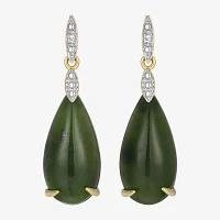 Diamond Accent Genuine Green Jade 18K Gold Over Silver Pear Drop Earrings