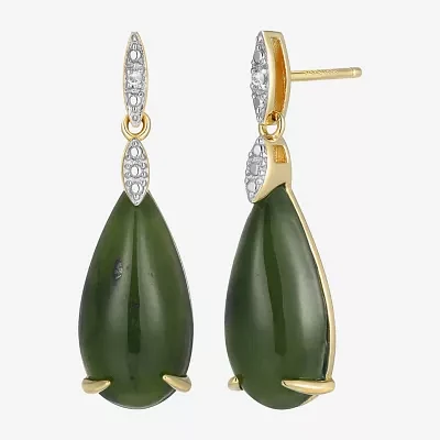 Diamond Accent Genuine Green Jade 18K Gold Over Silver Pear Drop Earrings