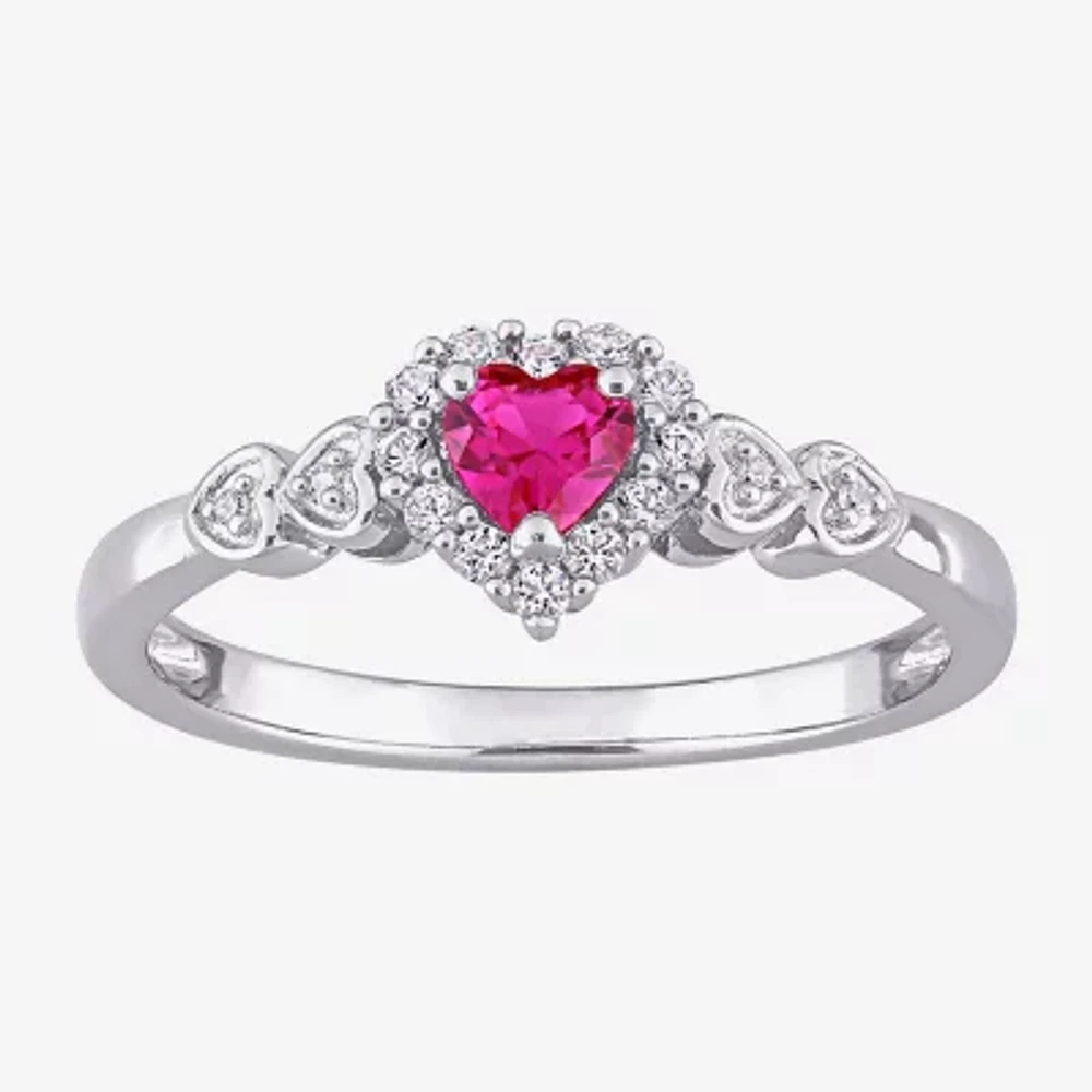 Womens Diamond Accent Lab Created Red Ruby Sterling Silver Heart Cocktail Ring