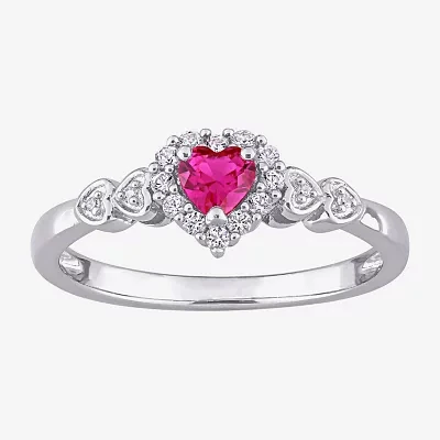 Womens Diamond Accent Lab Created Red Ruby Sterling Silver Heart Cocktail Ring