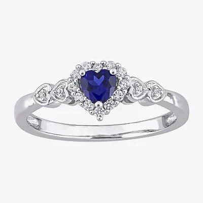 Womens Diamond Accent Lab Created Blue Sapphire Sterling Silver Heart Cocktail Ring