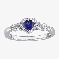 Womens Diamond Accent Lab Created Blue Sapphire Sterling Silver Heart Cocktail Ring