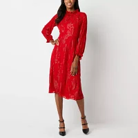 Liz Claiborne Womens Long Sleeve Floral Midi A-Line Dress