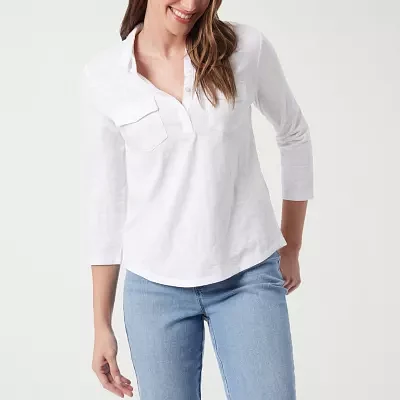 Gloria Vanderbilt Womens V Neck 3/4 Sleeve Polo Shirt