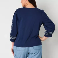 St. John's Bay Plus Womens Round Neck Long Sleeve Embroidered Blouse