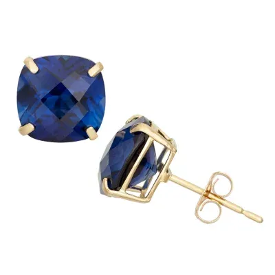 Lab Created Blue Sapphire 10K Gold 8mm Cushion Stud Earrings