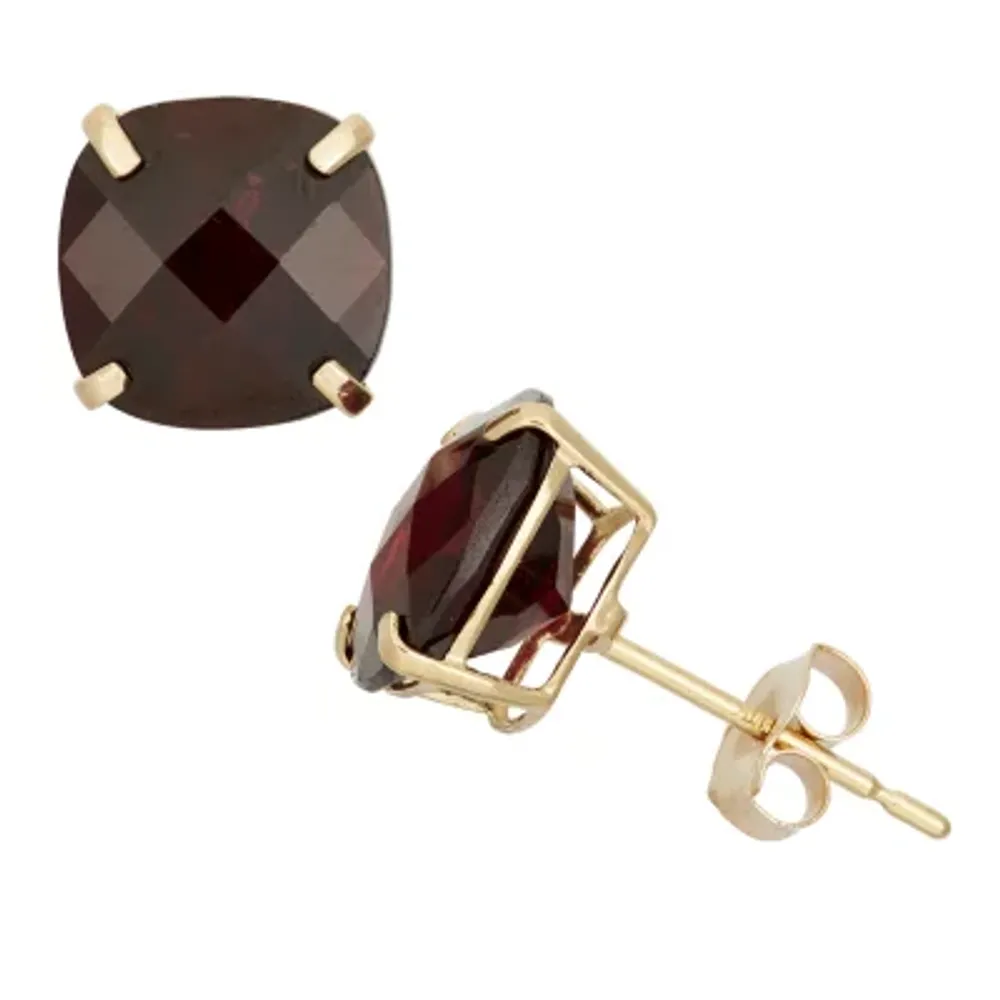 Genuine Red Garnet 10K Gold 8mm Cushion Stud Earrings