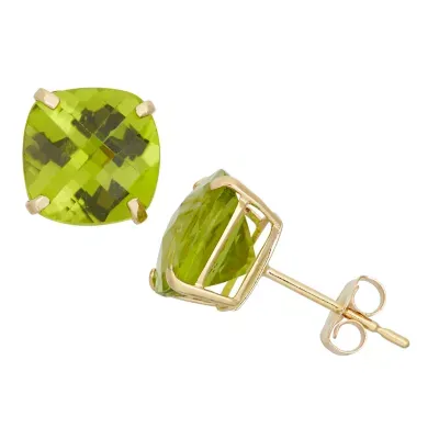 Genuine Green Peridot 10K Gold 8mm Cushion Stud Earrings