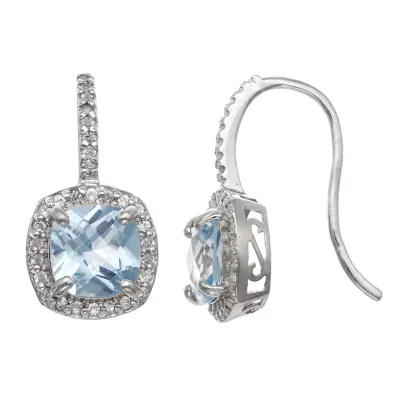 Lab Created Blue Aquamarine Sterling Silver Cushion Drop Earrings