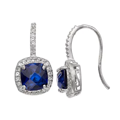 Lab Created Blue Sapphire Sterling Silver Cushion Drop Earrings