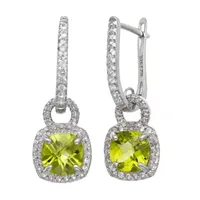 Genuine Green Peridot Sterling Silver Cushion Drop Earrings