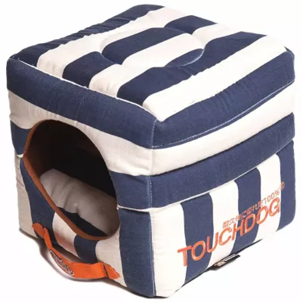 The Pet Life Touchdog Polo-Striped Convertible and Reversible Squared 2-in-1 Collapsible Dog House Bed