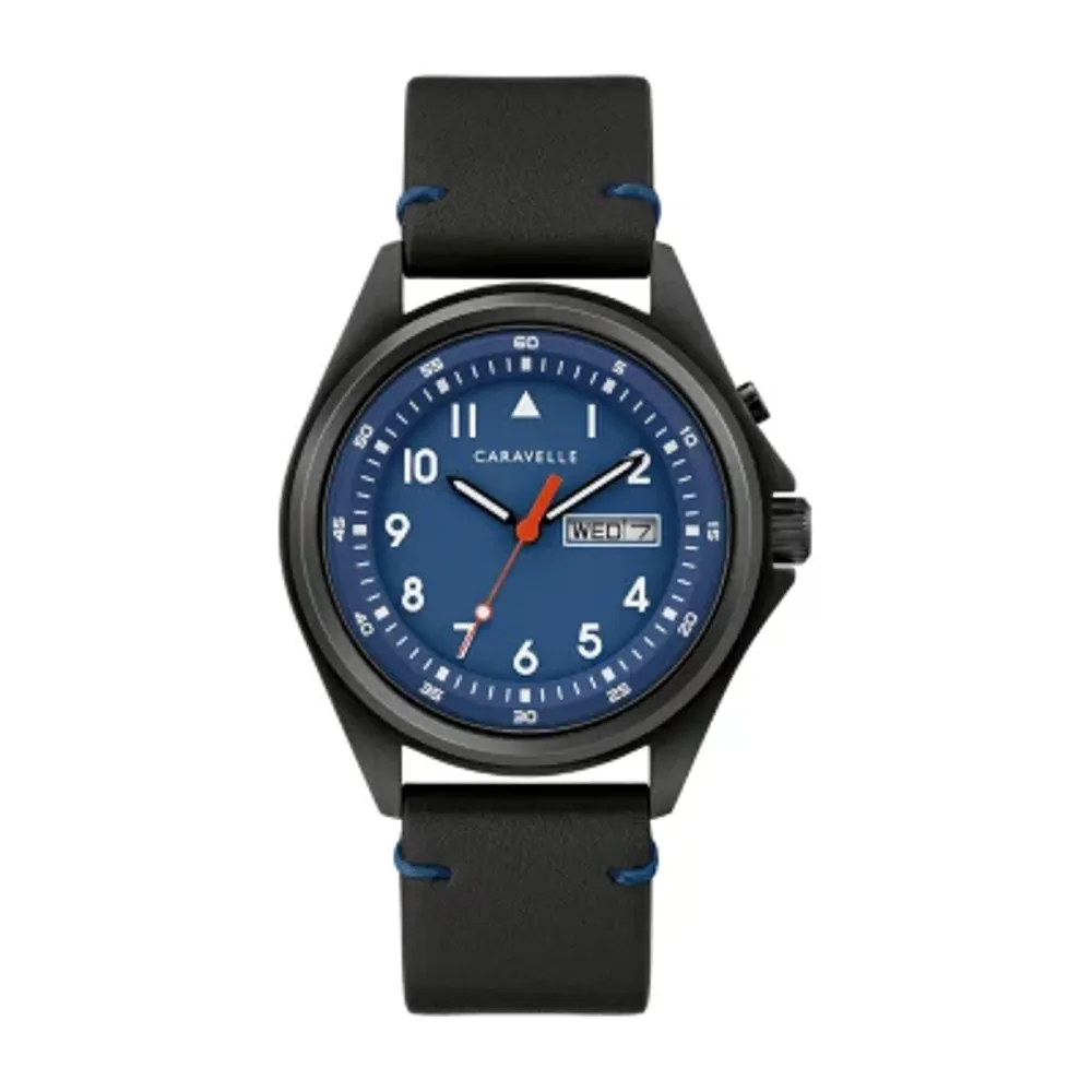 Caravelle Designed By Bulova Mens Black Leather Strap Watch 45c118