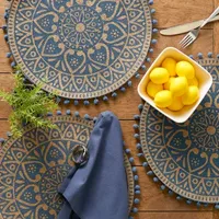 Design Imports French Blue Block Print On Natural Round Jute 6-pc. Table Linen Sets