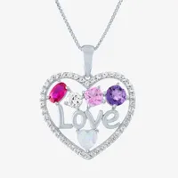 "Love" Womens Lab Created Stone Sterling Silver Heart Pendant Necklace