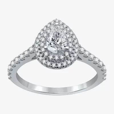 Signature By Modern Bride (H-I / I1) Womens 1 CT. T.W. Lab Grown White Diamond 10K Gold Pear Side Stone Halo Engagement Ring