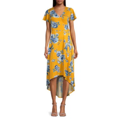 by&by Juniors Short Sleeve Floral High-Low Wrap Dress