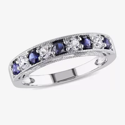 Modern Bride Gemstone 2MM Lab Created Blue Sapphire Sterling Silver Wedding Band