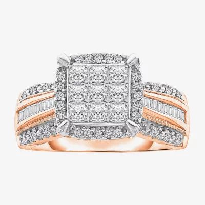 Womens 1 CT. T.W. Natural White Diamond 10K Rose Gold Cushion Halo Engagement Ring