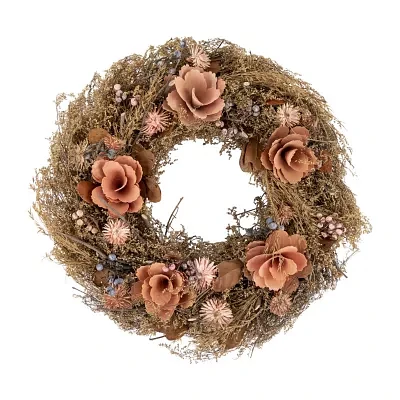 Northlight 13.75in Orange And Coral Pink Twig And Floral Autumn Harvest Wreath