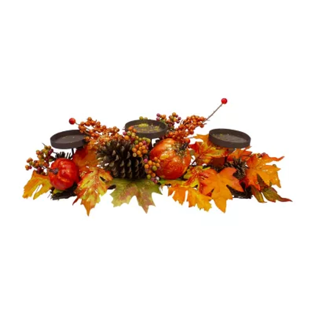 Northlight 21in Orange Fall Harvest Leaves And Pumpkins Candle Holder