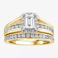 G / Si1-Si2) Womens 1 1/2 CT. T.W. Lab Grown White Diamond 10K Gold Side Stone Halo Bridal Set