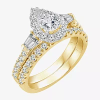 Signature By Modern Bride (H-I / Si2-I1) Womens 2 CT. T.W. Lab Grown White Diamond 10K Gold Pear Side Stone Halo Bridal Set