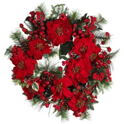 Nearly Natural 24in Poinsettia Indoor Christmas Wreath