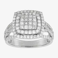 (H-I / Si2) Womens 1 CT. T.W. Lab Grown White Diamond Sterling Silver Cushion Halo Side Stone Cocktail Ring