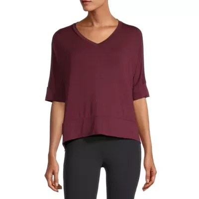 Stylus Step Hem Womens V Neck Short Sleeve Sweatshirt