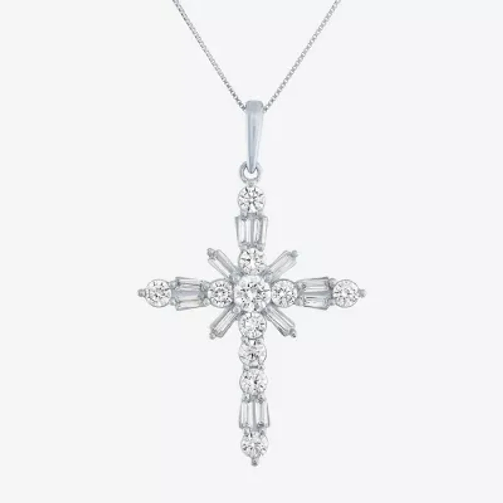 (G-H / Si2-I1) Womens 1 CT. T.W. Lab Grown White Diamond 10K White Gold Cross Pendant Necklace
