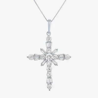 (G-H / Si2-I1) Womens 1 CT. T.W. Lab Grown White Diamond 10K White Gold Cross Pendant Necklace