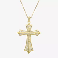 Mens White Cubic Zirconia 14K Gold Cross Pendant Necklace