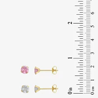 Pink Cubic Zirconia 10K Gold Round 2 Pair Earring Set