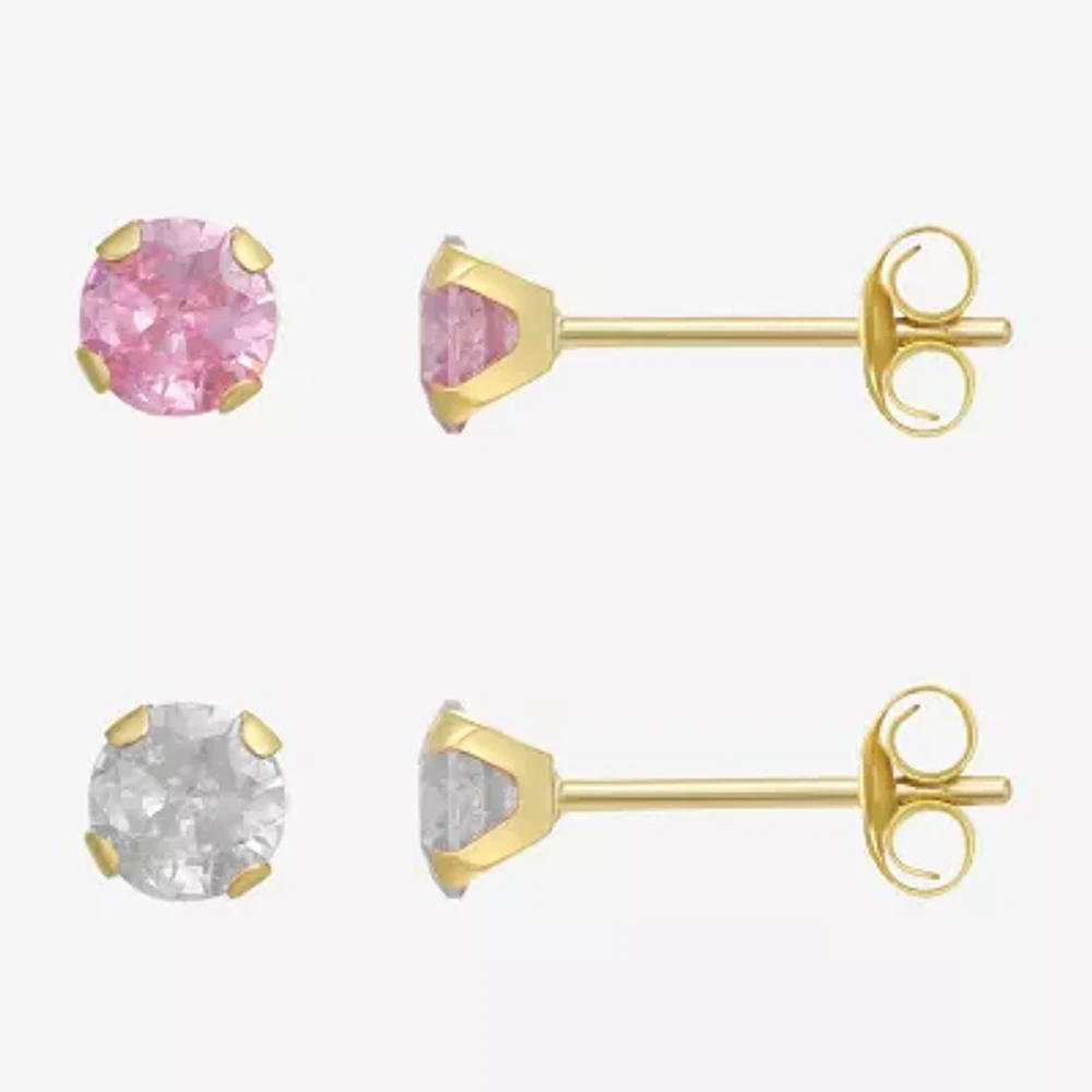 Pink Cubic Zirconia 10K Gold Round 2 Pair Earring Set