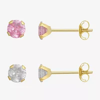 Pink Cubic Zirconia 10K Gold Round 2 Pair Earring Set