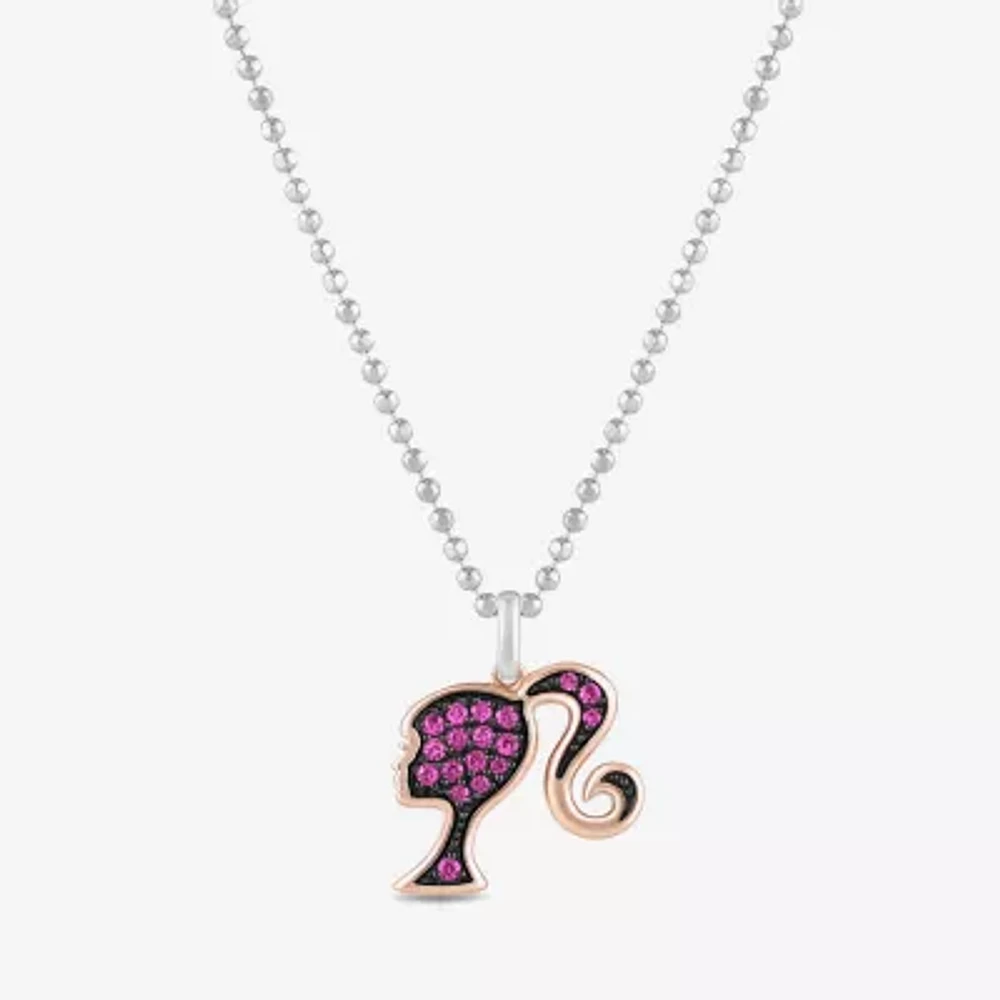 Womens Lab Created Pink Sapphire 10K Rose Gold Sterling Silver Barbie Pendant Necklace