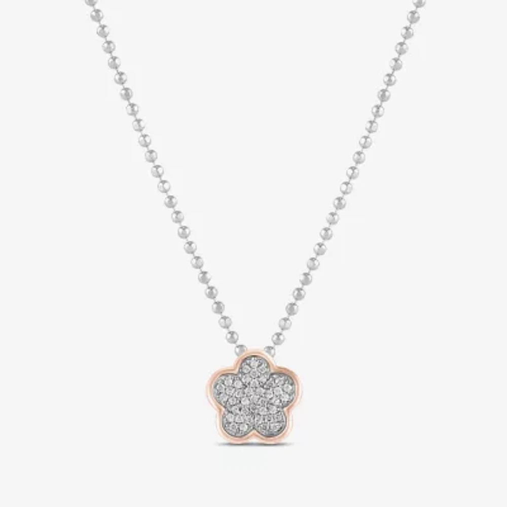 Womens 1/6 CT. T.W. Natural White Diamond 10K Rose Gold Sterling Silver Flower Barbie Pendant Necklace