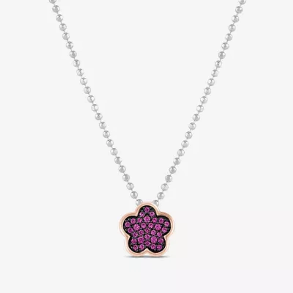 Womens Lab Created Pink Sapphire 10K Rose Gold Sterling Silver Flower Pendant Necklaces