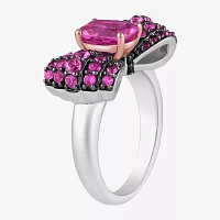 Womens Diamond Accent Genuine Pink Sapphire 10K Rose Gold Sterling Silver Bow Barbie Cocktail Ring