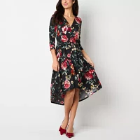 Perceptions Womens 3/4 Sleeve Floral High-Low Fit + Flare Dress