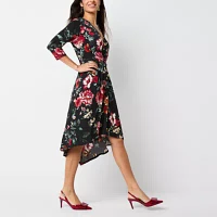 Perceptions Womens 3/4 Sleeve Floral High-Low Fit + Flare Dress